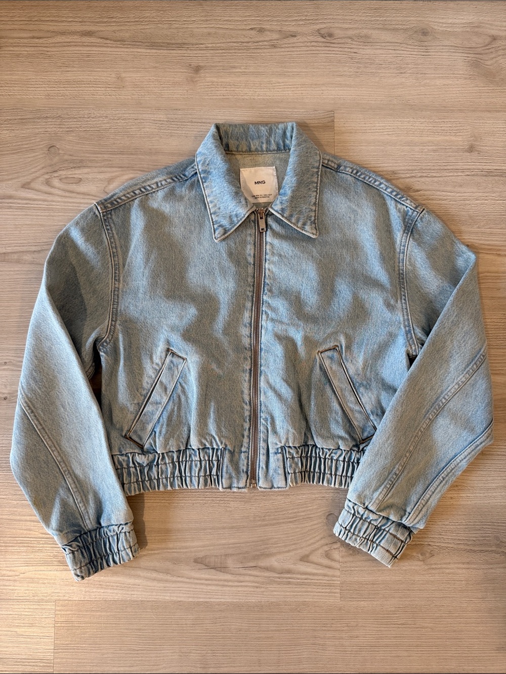 Mango Blake Denim Bomber Jacket in light blue